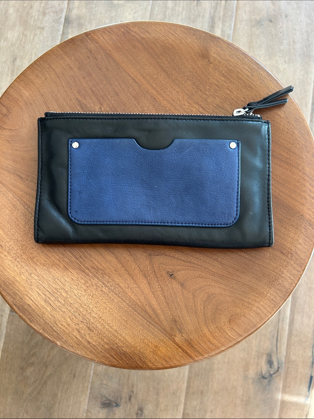 margot Black Leather Zip Wallet with Blue Front Pocket